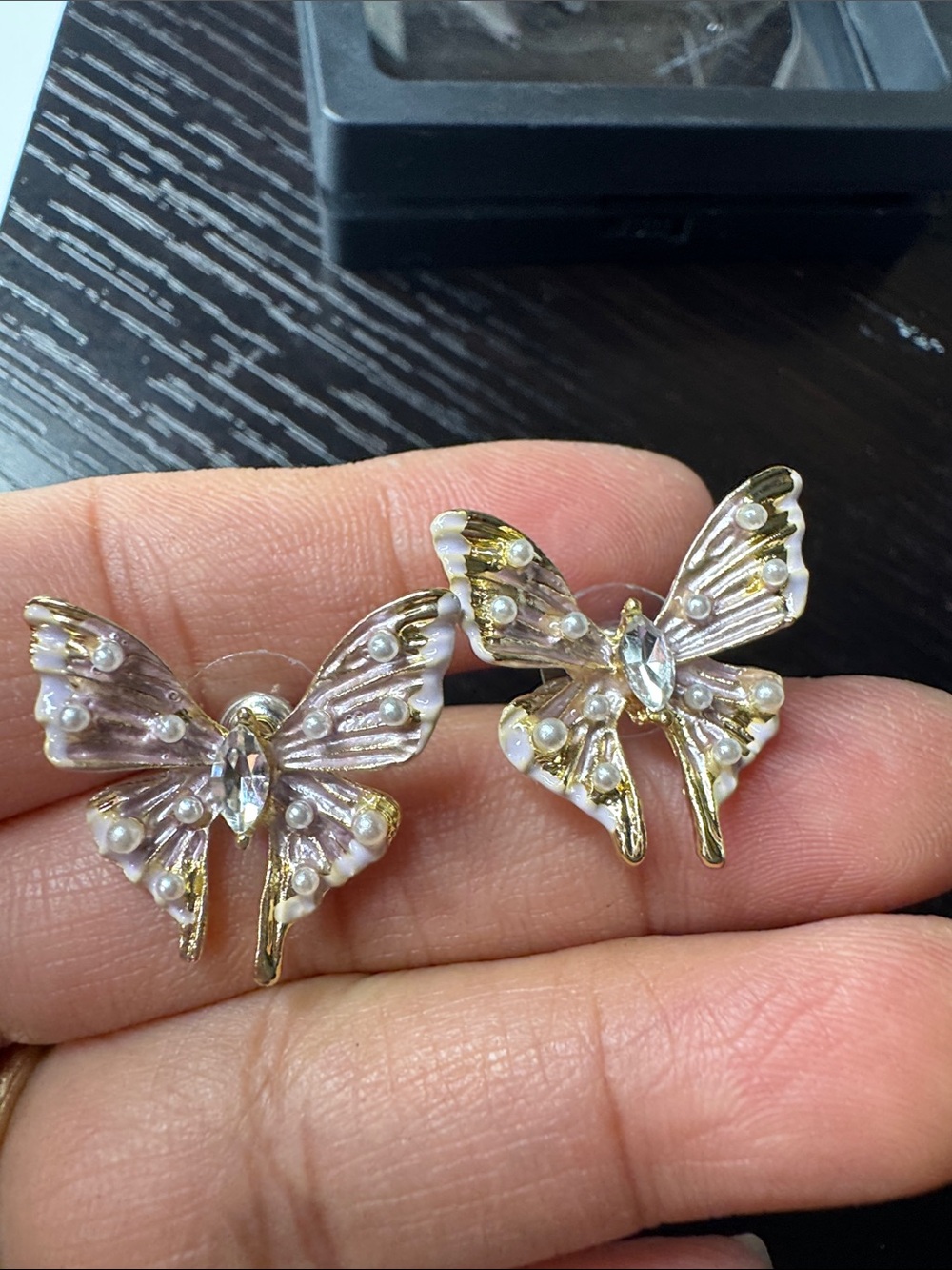 Gold-Tone Pink Enamel Butterfly Stud Earrings with Pearl Accents